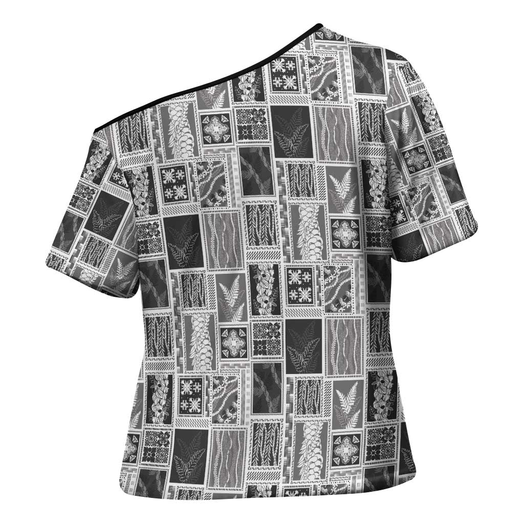 Vintage Aloha Block Quilt Cross Shoulder Shirt Black Inspired Lei Motifs - Polynesian Pride