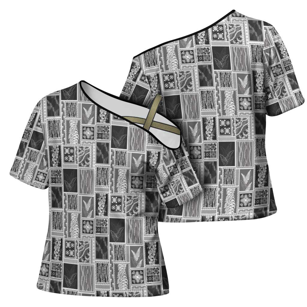 Vintage Aloha Block Quilt Cross Shoulder Shirt Black Inspired Lei Motifs - Polynesian Pride