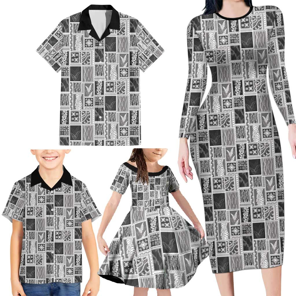 Vintage Aloha Block Quilt Family Matching Long Sleeve Bodycon Dress and Hawaiian Shirt Black Inspired Lei Motifs - Polynesian Pride
