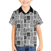 Vintage Aloha Block Quilt Family Matching Off The Shoulder Long Sleeve Dress and Hawaiian Shirt Black Inspired Lei Motifs - Polynesian Pride