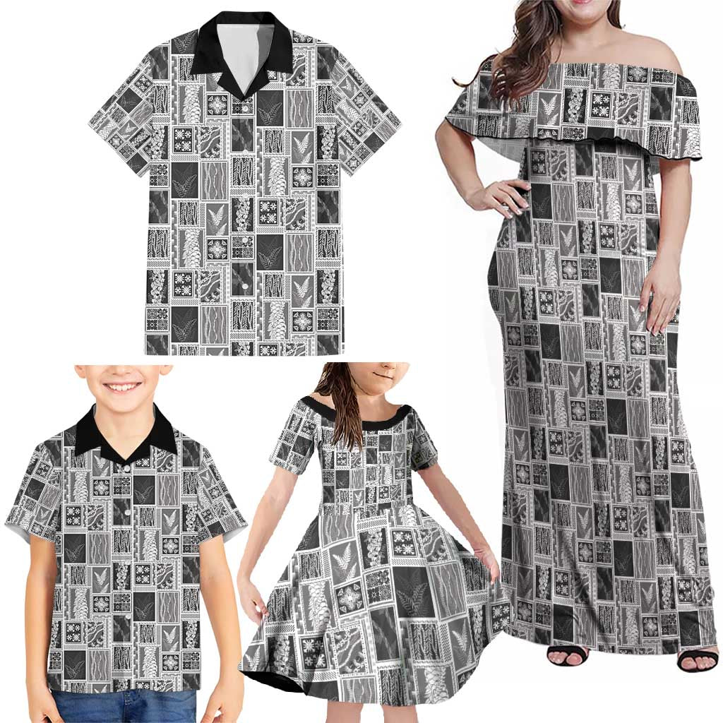 Vintage Aloha Block Quilt Family Matching Off Shoulder Maxi Dress and Hawaiian Shirt Black Inspired Lei Motifs - Polynesian Pride