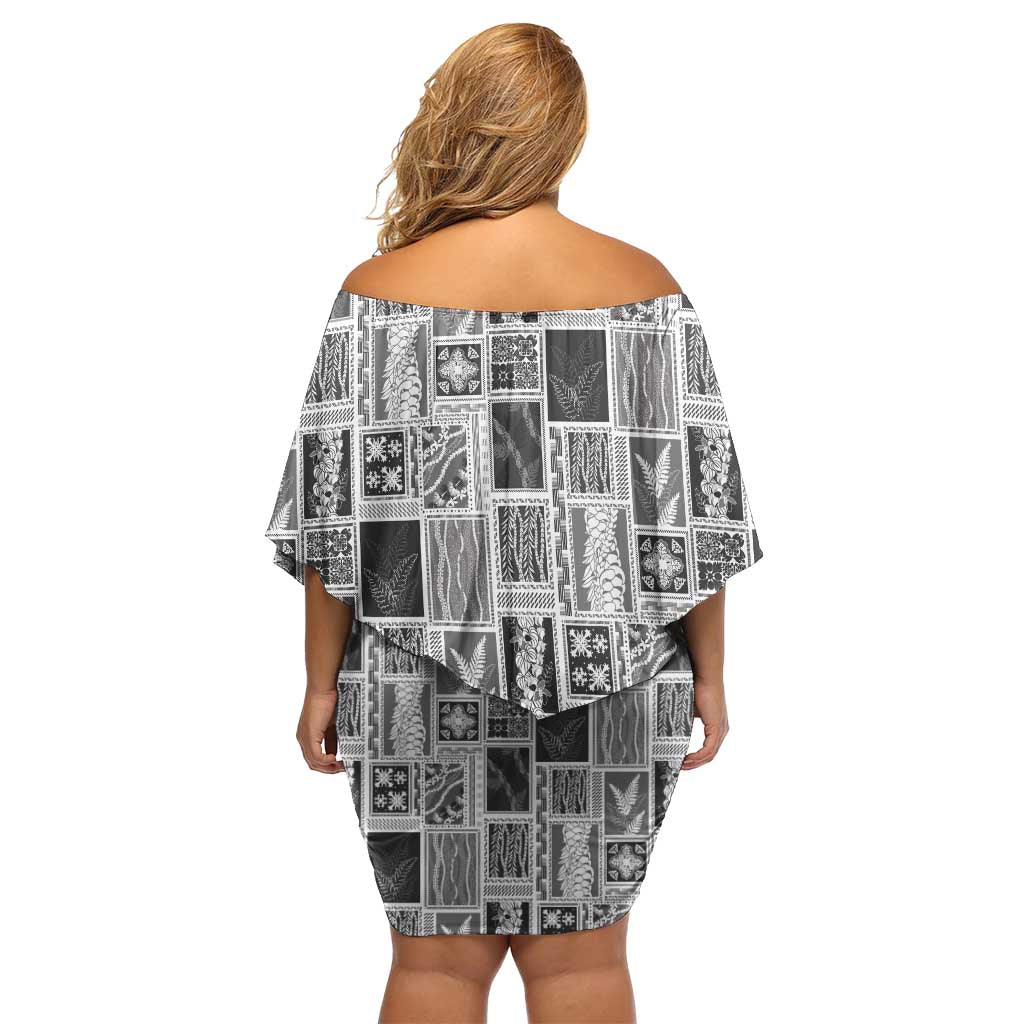 Vintage Aloha Block Quilt Family Matching Off Shoulder Short Dress and Hawaiian Shirt Black Inspired Lei Motifs - Polynesian Pride