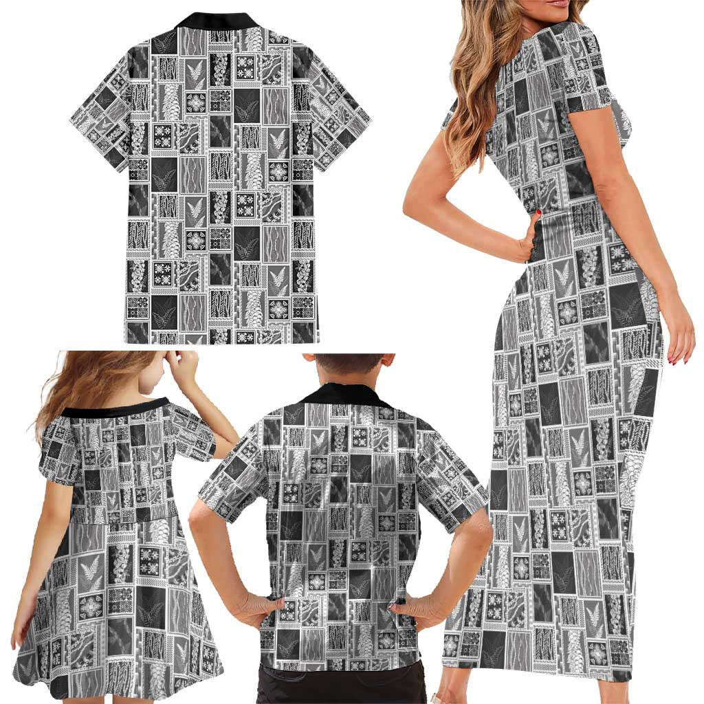 Vintage Aloha Block Quilt Family Matching Short Sleeve Bodycon Dress and Hawaiian Shirt Black Inspired Lei Motifs - Polynesian Pride
