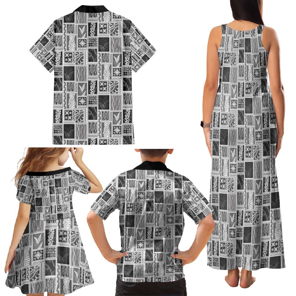 Vintage Aloha Block Quilt Family Matching Tank Maxi Dress and Hawaiian Shirt Black Inspired Lei Motifs - Polynesian Pride