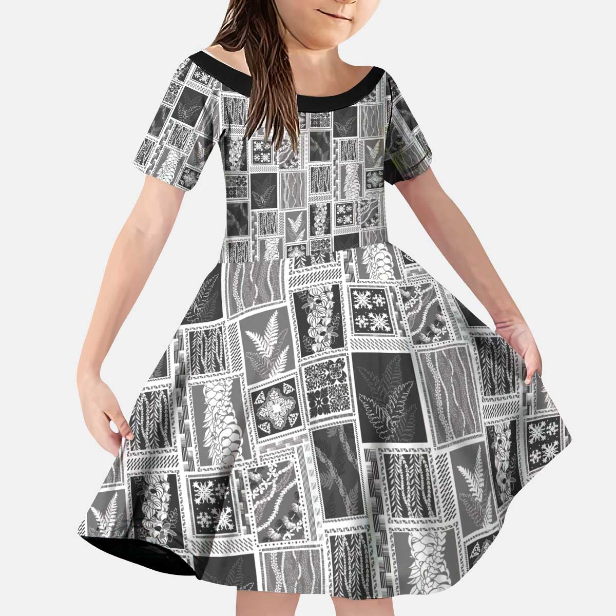 Vintage Aloha Block Quilt Kid Short Sleeve Dress Black Inspired Lei Motifs LT9 KID Black - Polynesian Pride