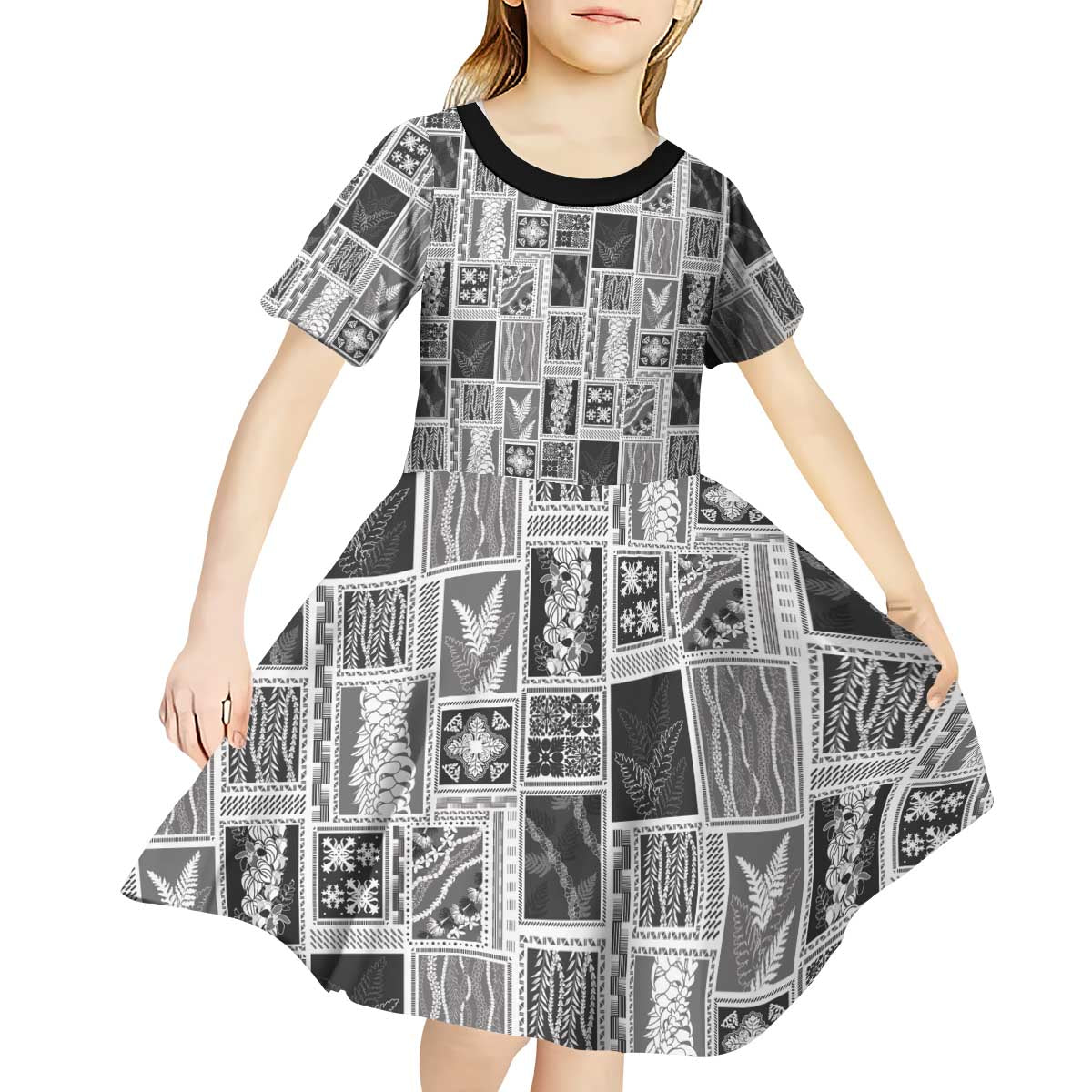Vintage Aloha Block Quilt Kid Short Sleeve Dress Black Inspired Lei Motifs LT9 - Polynesian Pride