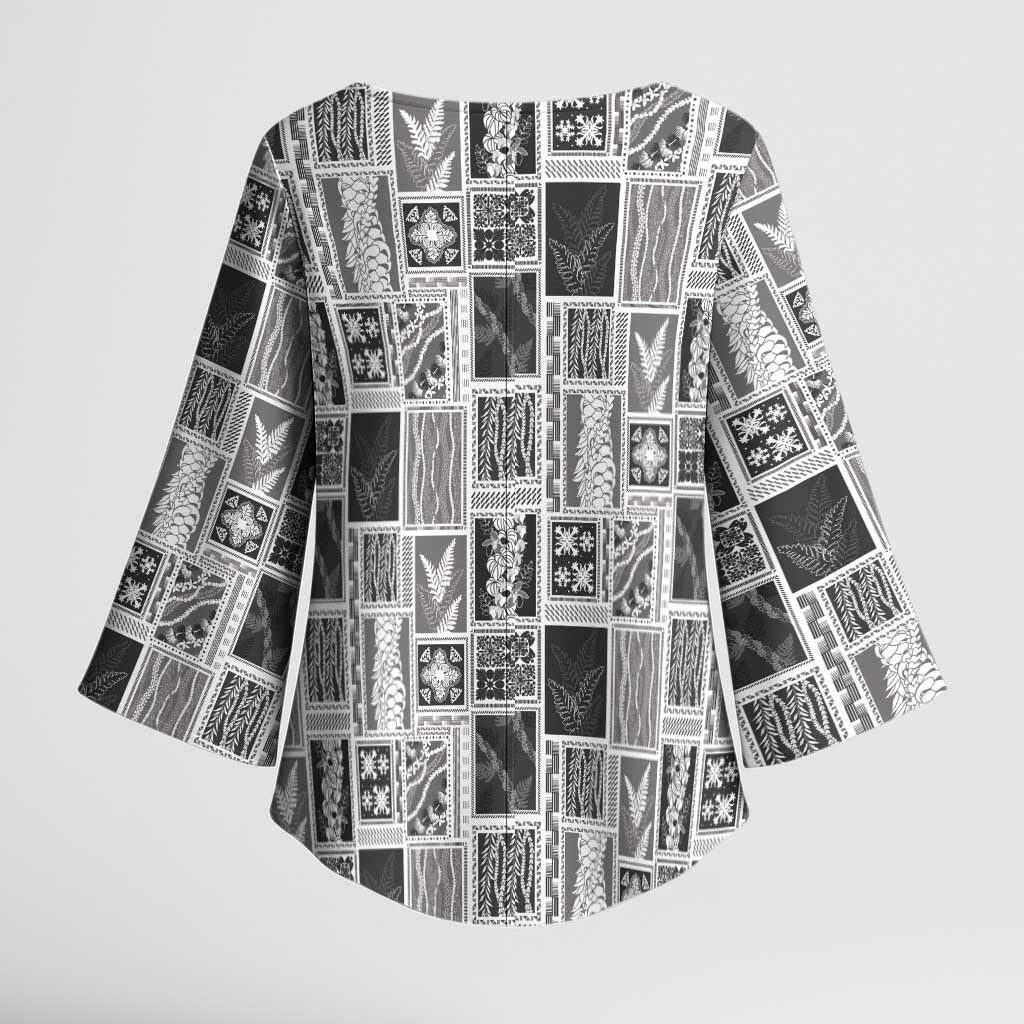 Vintage Aloha Block Quilt Kimono Sleeve Blouse Black Inspired Lei Motifs - Polynesian Pride