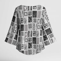 Vintage Aloha Block Quilt Kimono Sleeve Blouse Black Inspired Lei Motifs - Polynesian Pride