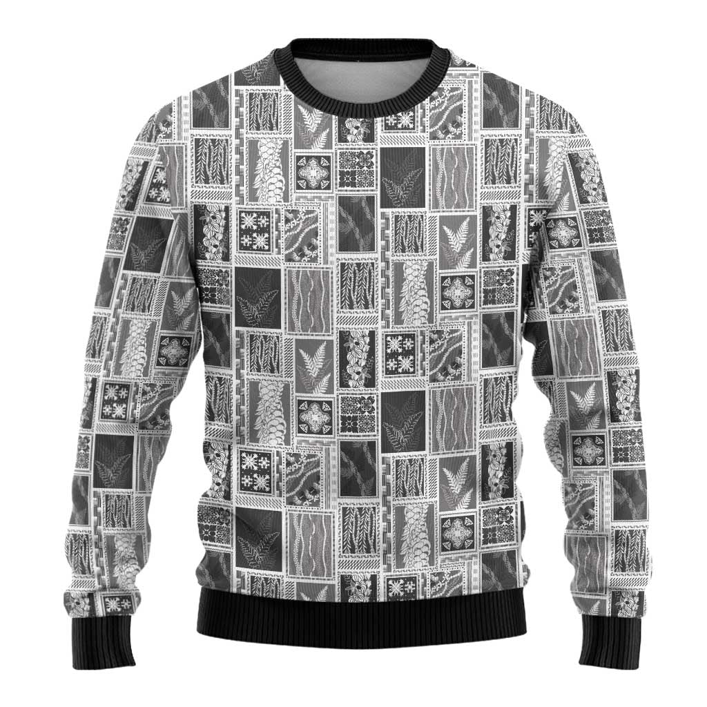 Vintage Aloha Block Quilt Ugly Christmas Sweater Black Inspired Lei Motifs - Polynesian Pride