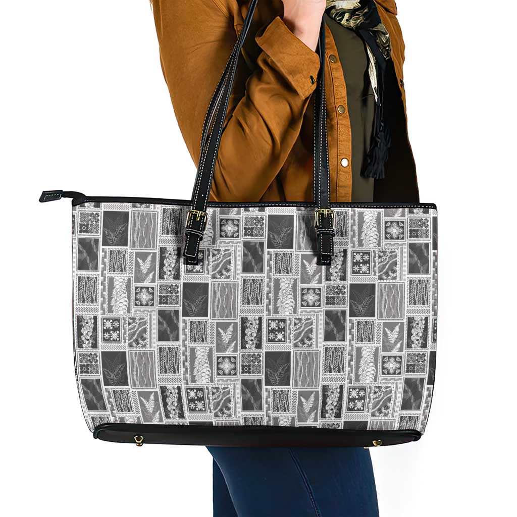Vintage Aloha Block Quilt Leather Tote Bag Black Inspired Lei Motifs - Polynesian Pride