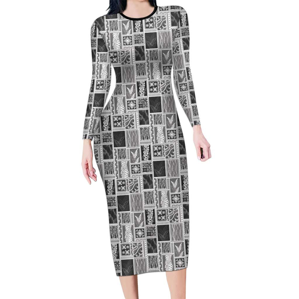 Vintage Aloha Block Quilt Long Sleeve Bodycon Dress Black Inspired Lei Motifs - Polynesian Pride