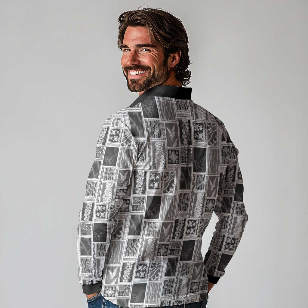 Vintage Aloha Block Quilt Long Sleeve Polo Shirt Black Inspired Lei Motifs - Polynesian Pride