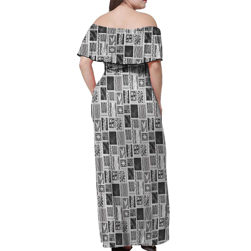 Vintage Aloha Block Quilt Off Shoulder Maxi Dress Black Inspired Lei Motifs - Polynesian Pride