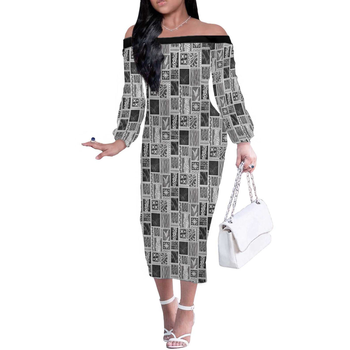 Vintage Aloha Block Quilt Off The Shoulder Long Sleeve Dress Black Inspired Lei Motifs - Polynesian Pride