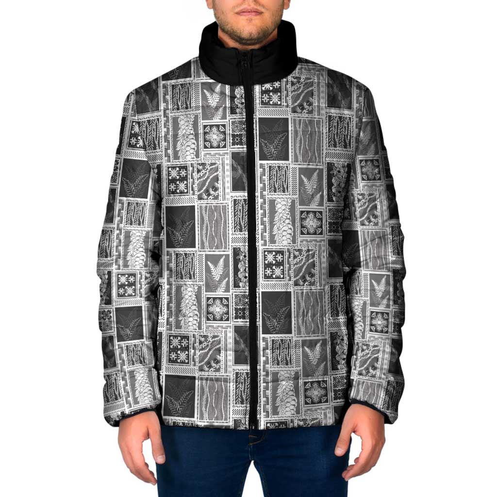 Vintage Aloha Block Quilt Padded Jacket Black Inspired Lei Motifs - Polynesian Pride