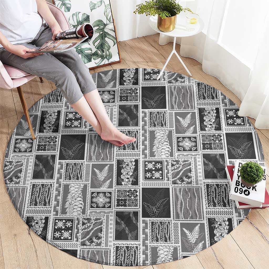 Vintage Aloha Block Quilt Round Carpet Black Inspired Lei Motifs - Polynesian Pride