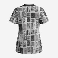 Vintage Aloha Block Quilt Scrub Top Black Inspired Lei Motifs - Polynesian Pride