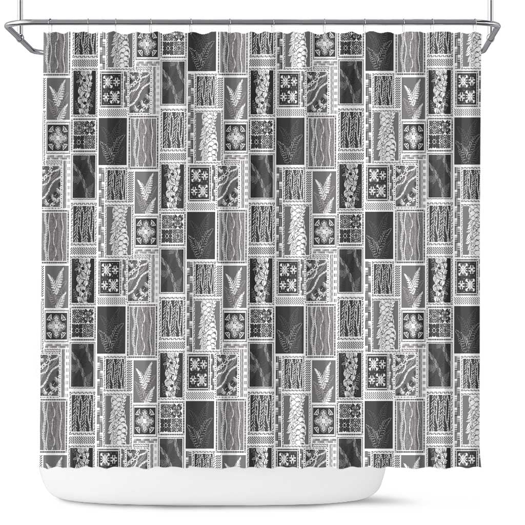 Vintage Aloha Block Quilt Shower Curtain Black Inspired Lei Motifs - Polynesian Pride