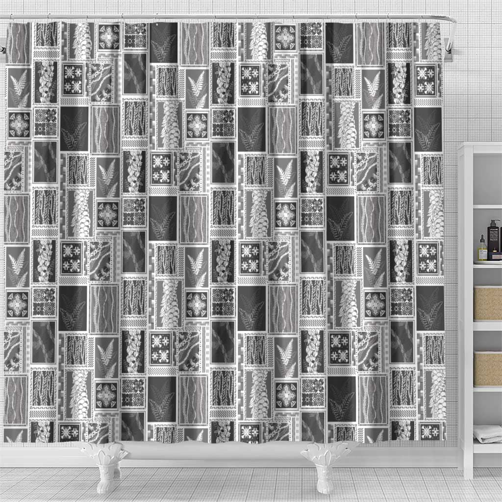 Vintage Aloha Block Quilt Shower Curtain Black Inspired Lei Motifs - Polynesian Pride