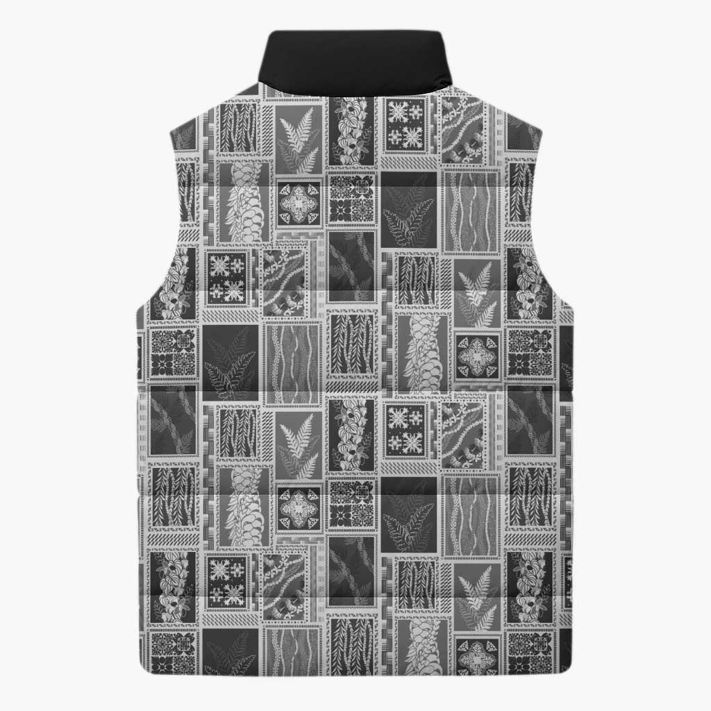 Vintage Aloha Block Quilt Sleeveless Puffer Jacket Black Inspired Lei Motifs - Polynesian Pride