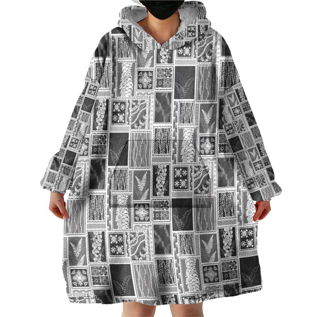 Vintage Aloha Block Quilt Wearable Blanket Hoodie Black Inspired Lei Motifs - Polynesian Pride