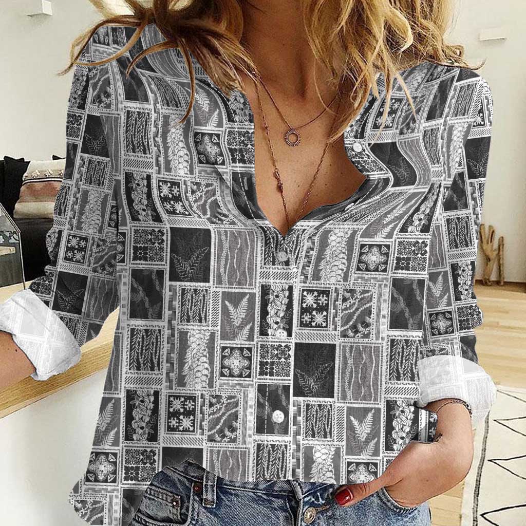 Vintage Aloha Block Quilt Women Casual Shirt Black Inspired Lei Motifs - Polynesian Pride