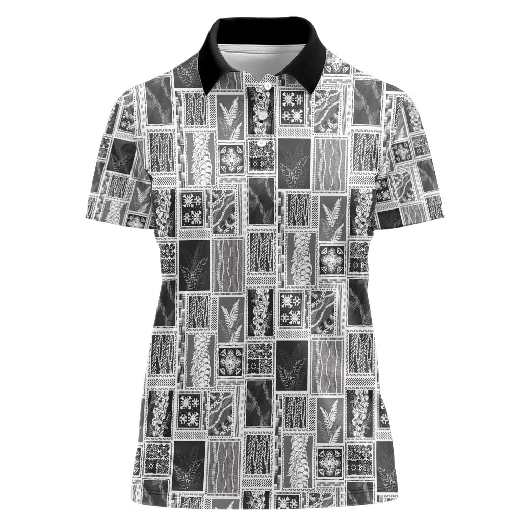 Vintage Aloha Block Quilt Women Polo Shirt Black Inspired Lei Motifs - Polynesian Pride