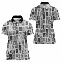 Vintage Aloha Block Quilt Women Polo Shirt Black Inspired Lei Motifs - Polynesian Pride