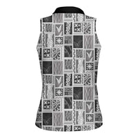 Vintage Aloha Block Quilt Women Sleeveless Polo Shirt Black Inspired Lei Motifs - Polynesian Pride