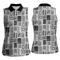 Vintage Aloha Block Quilt Women Sleeveless Polo Shirt Black Inspired Lei Motifs - Polynesian Pride