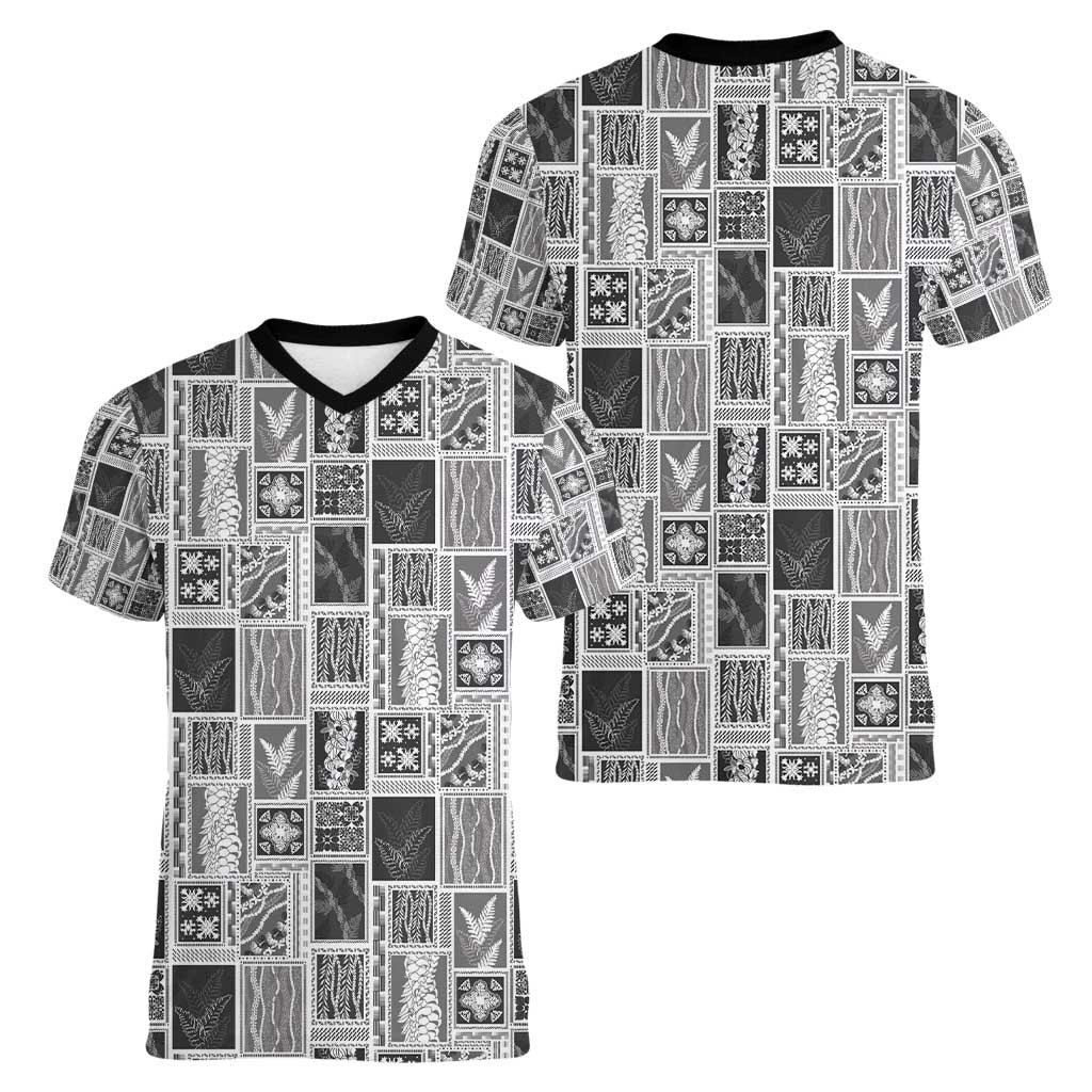 Vintage Aloha Block Quilt Women V-Neck T-Shirt Black Inspired Lei Motifs - Polynesian Pride