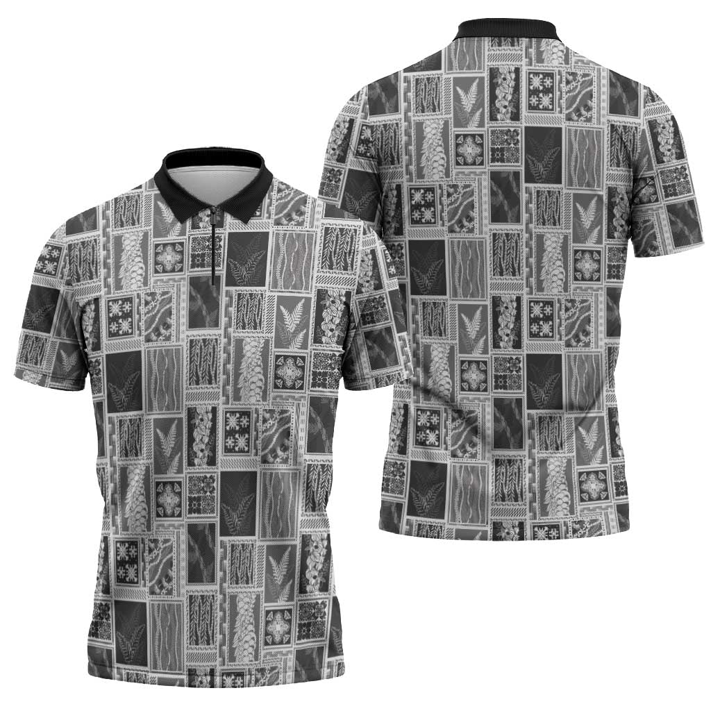 Vintage Aloha Block Quilt Zipper Polo Shirt Black Inspired Lei Motifs - Polynesian Pride