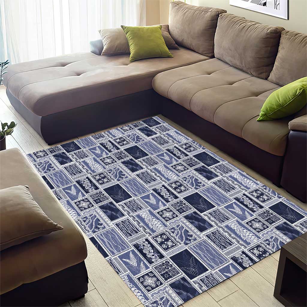 Vintage Aloha Block Quilt Area Rug Blue Inspired Lei Motifs - Polynesian Pride