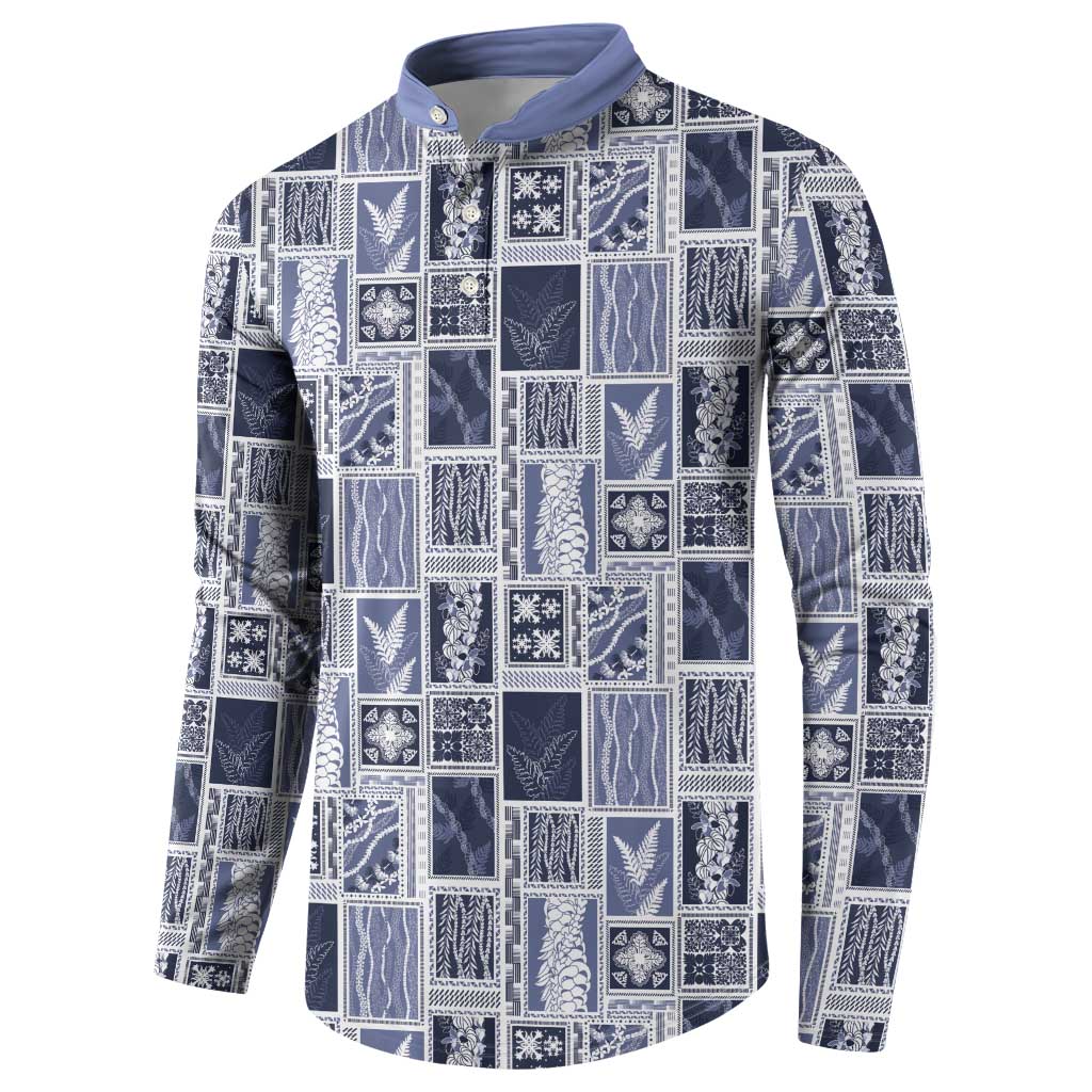 Vintage Aloha Block Quilt Button Sweatshirt Blue Inspired Lei Motifs - Polynesian Pride