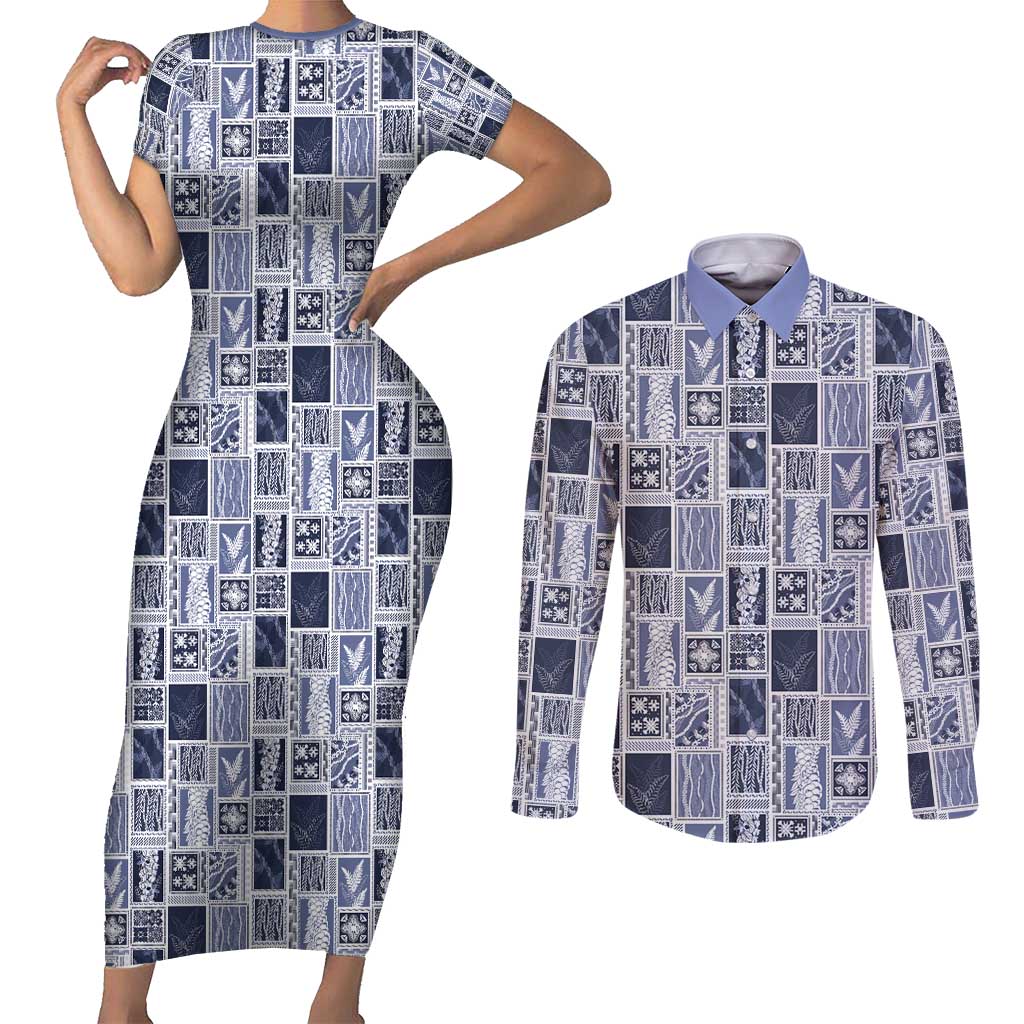 Vintage Aloha Block Quilt Couples Matching Short Sleeve Bodycon Dress and Long Sleeve Button Shirt Blue Inspired Lei Motifs - Polynesian Pride