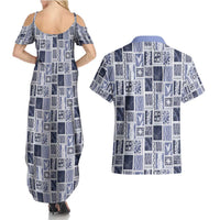 Vintage Aloha Block Quilt Couples Matching Summer Maxi Dress and Hawaiian Shirt Blue Inspired Lei Motifs - Polynesian Pride