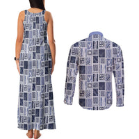Vintage Aloha Block Quilt Couples Matching Tank Maxi Dress and Long Sleeve Button Shirt Blue Inspired Lei Motifs - Polynesian Pride