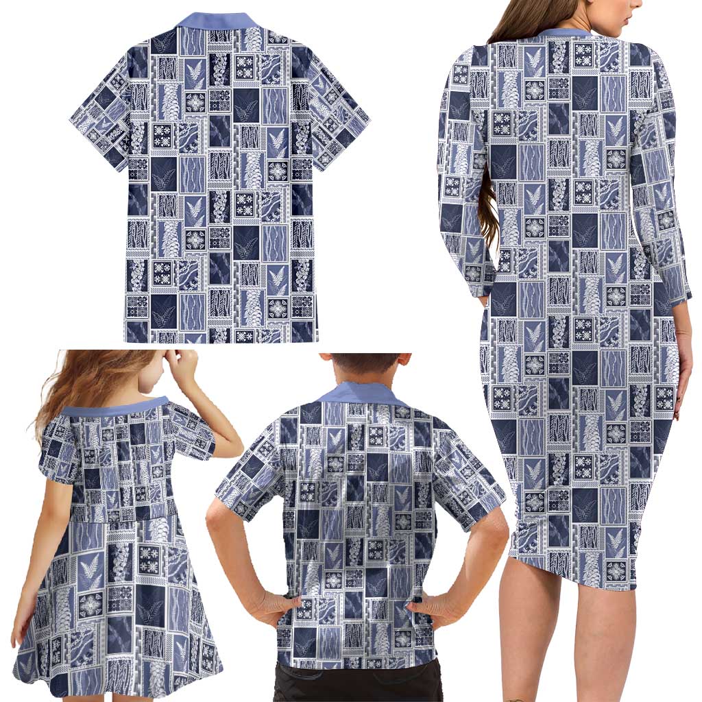Vintage Aloha Block Quilt Family Matching Long Sleeve Bodycon Dress and Hawaiian Shirt Blue Inspired Lei Motifs - Polynesian Pride
