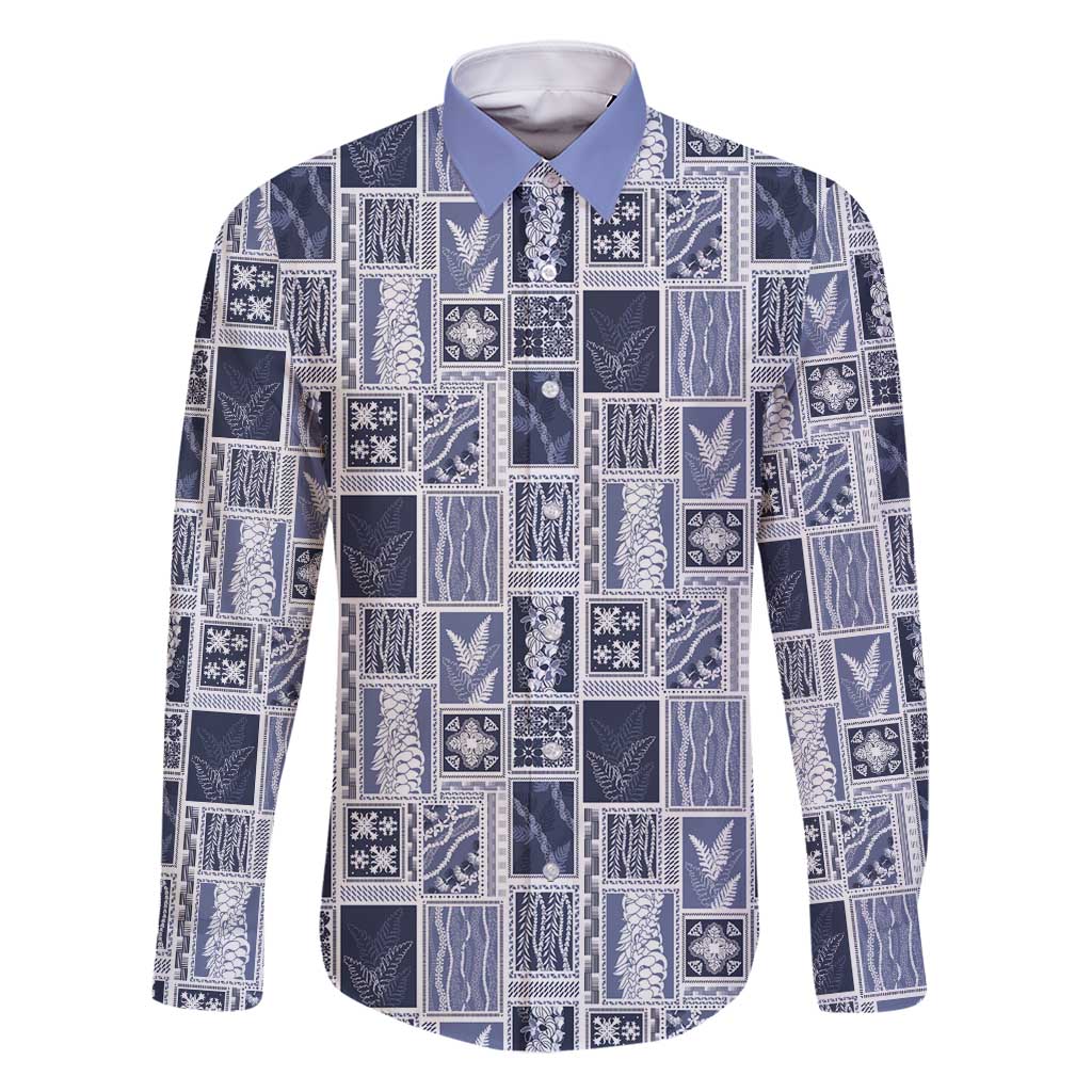 Vintage Aloha Block Quilt Family Matching Long Sleeve Bodycon Dress and Hawaiian Shirt Blue Inspired Lei Motifs - Polynesian Pride