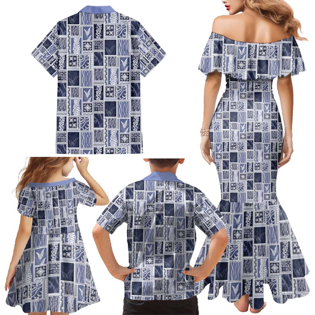 Vintage Aloha Block Quilt Family Matching Mermaid Dress and Hawaiian Shirt Blue Inspired Lei Motifs - Polynesian Pride