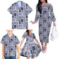 Vintage Aloha Block Quilt Family Matching Off The Shoulder Long Sleeve Dress and Hawaiian Shirt Blue Inspired Lei Motifs - Polynesian Pride