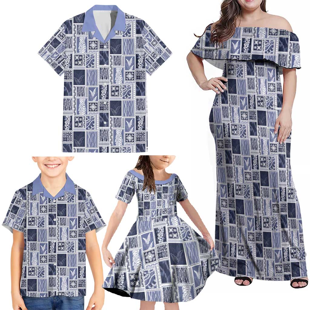 Vintage Aloha Block Quilt Family Matching Off Shoulder Maxi Dress and Hawaiian Shirt Blue Inspired Lei Motifs - Polynesian Pride