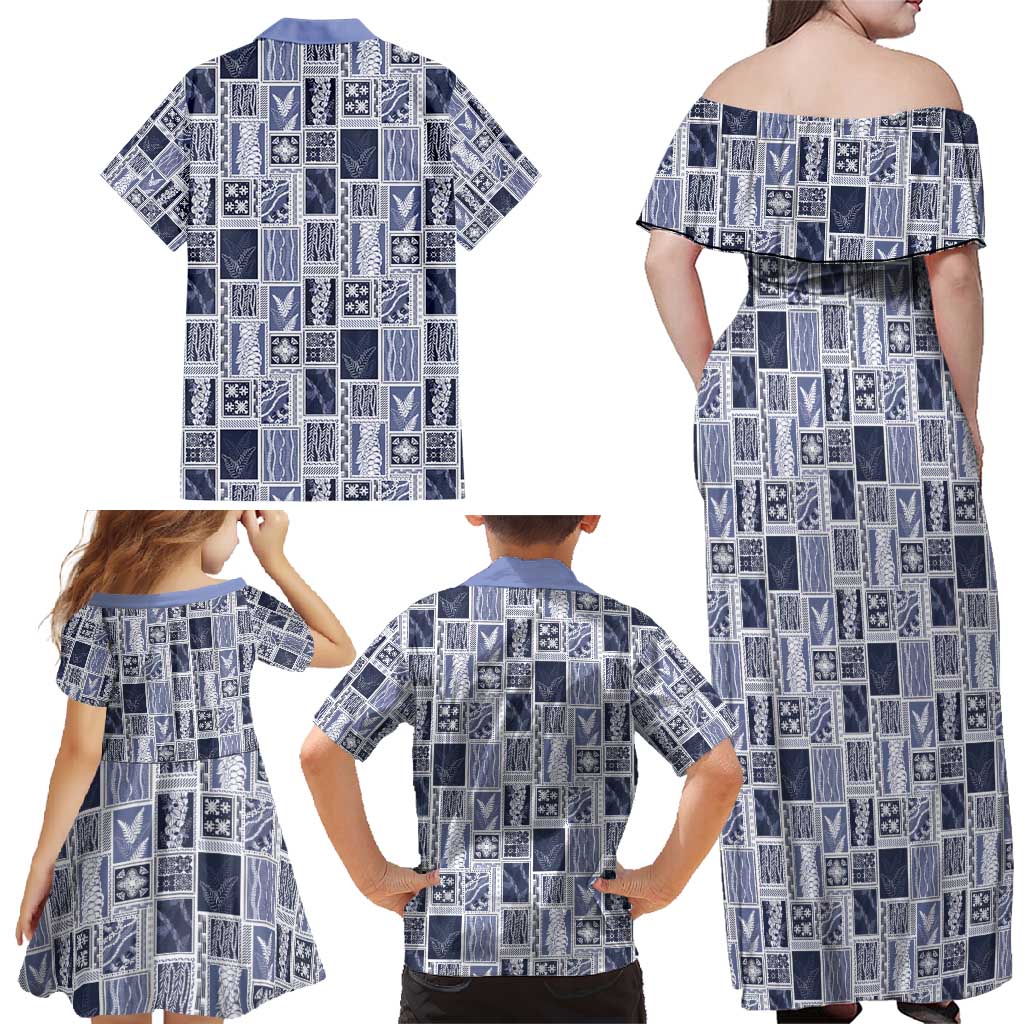 Vintage Aloha Block Quilt Family Matching Off Shoulder Maxi Dress and Hawaiian Shirt Blue Inspired Lei Motifs - Polynesian Pride