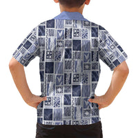 Vintage Aloha Block Quilt Family Matching Off Shoulder Short Dress and Hawaiian Shirt Blue Inspired Lei Motifs - Polynesian Pride