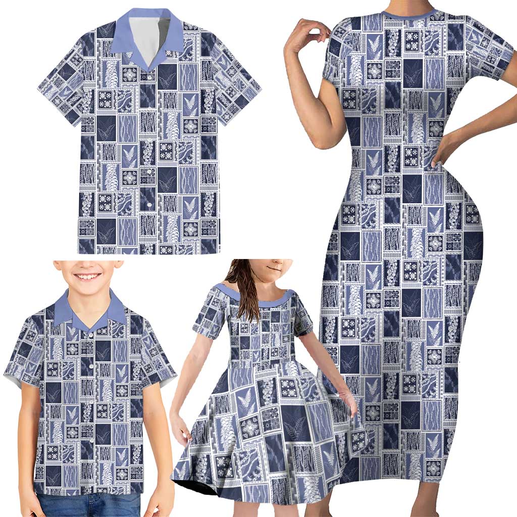 Vintage Aloha Block Quilt Family Matching Short Sleeve Bodycon Dress and Hawaiian Shirt Blue Inspired Lei Motifs - Polynesian Pride