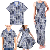 Vintage Aloha Block Quilt Family Matching Tank Maxi Dress and Hawaiian Shirt Blue Inspired Lei Motifs - Polynesian Pride