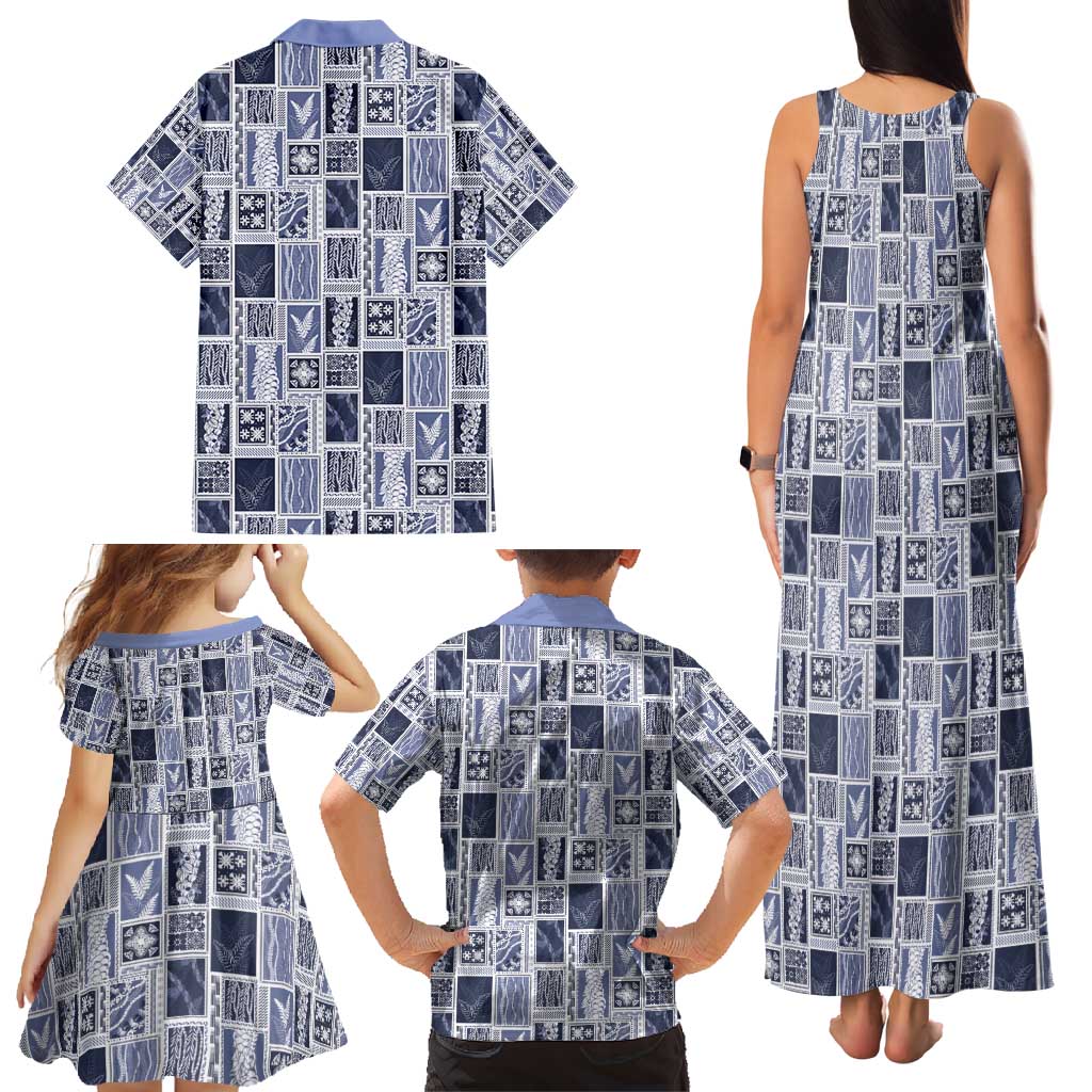 Vintage Aloha Block Quilt Family Matching Tank Maxi Dress and Hawaiian Shirt Blue Inspired Lei Motifs - Polynesian Pride