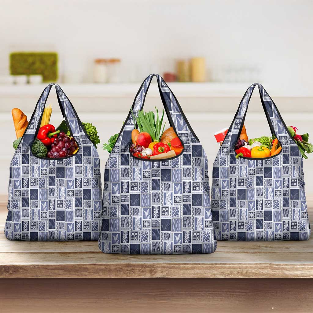 Vintage Aloha Block Quilt Grocery Bag Blue Inspired Lei Motifs - Polynesian Pride