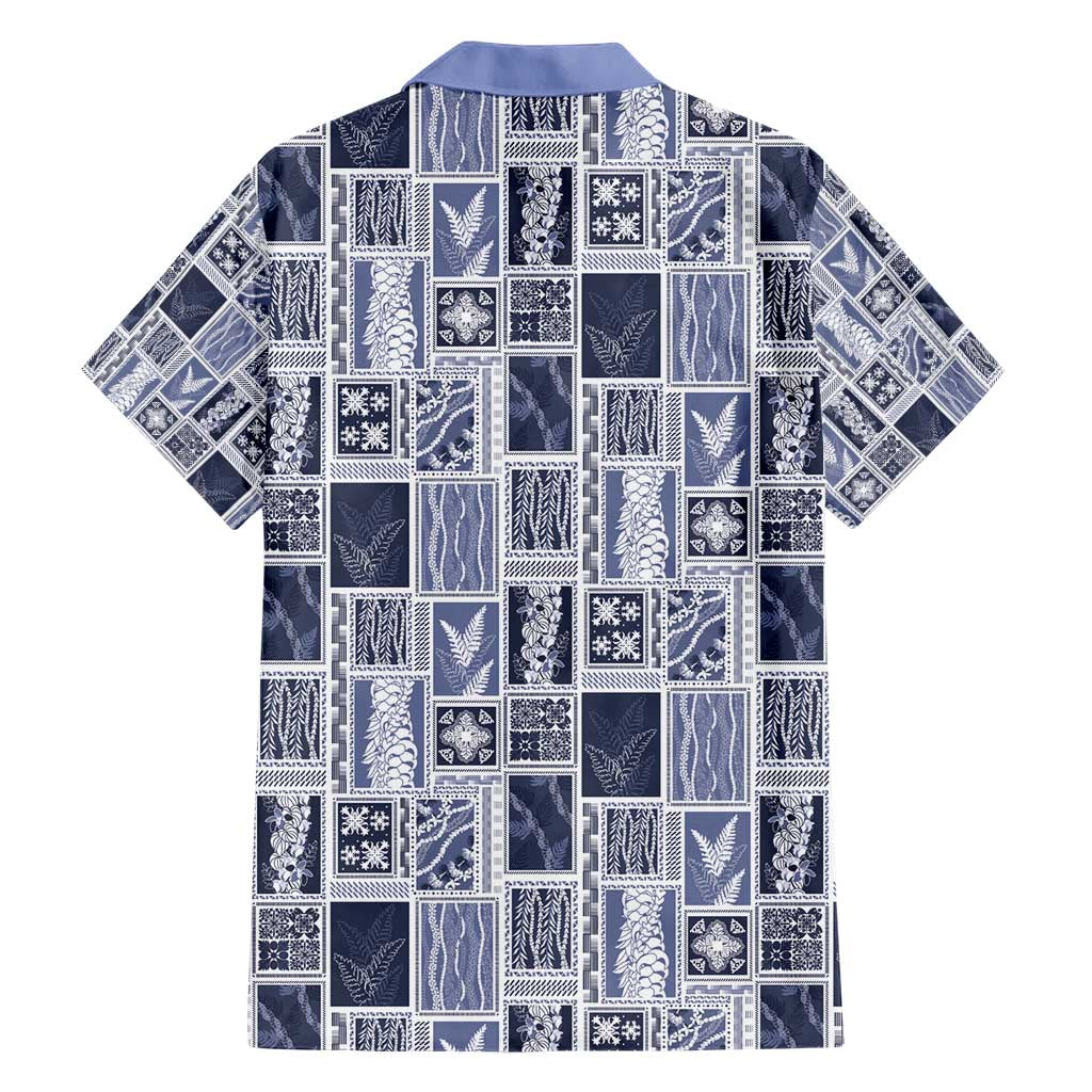 Vintage Aloha Block Quilt Hawaiian Shirt Blue Inspired Lei Motifs - Polynesian Pride