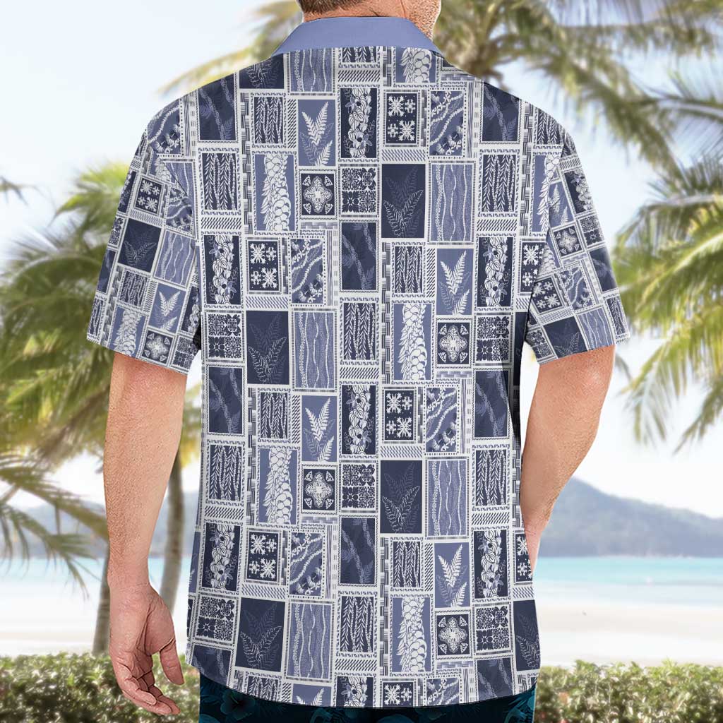 Vintage Aloha Block Quilt Hawaiian Shirt Blue Inspired Lei Motifs - Polynesian Pride